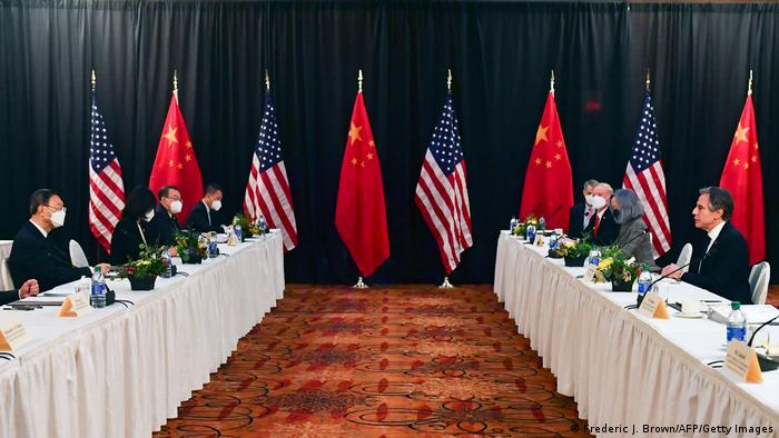 US Secretary of State Antony Blinken (2nd R), joined by National Security Advisor Jake Sullivan (R), speaks while facing Yang Jiechi (2nd L), director of the Central Foreign Affairs Commission Office, and Wang Yi (L), China's Foreign Minister at the opening session of US-China talks at the Captain Cook Hotel in Anchorage, Alaska on March 18, 2021.