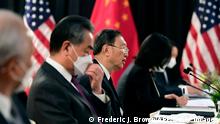 The Chinese delegation led by Yang Jiechi (C), director of the Central Foreign Affairs Commission Office and Wang Yi (2nd L), China's Foreign Minister, speak with their US counterparts at the opening session of US-China talks at the Captain Cook Hotel in Anchorage, Alaska on March 18, 2021. - China's actions threaten the rules-based order that maintains global stability, US Secretary of State Antony Blinken said Thursday at the opening of a two-day meeting with Chinese counterparts in Alaska. (Photo by Frederic J. BROWN / POOL / AFP) (Photo by FREDERIC J. BROWN/POOL/AFP via Getty Images)