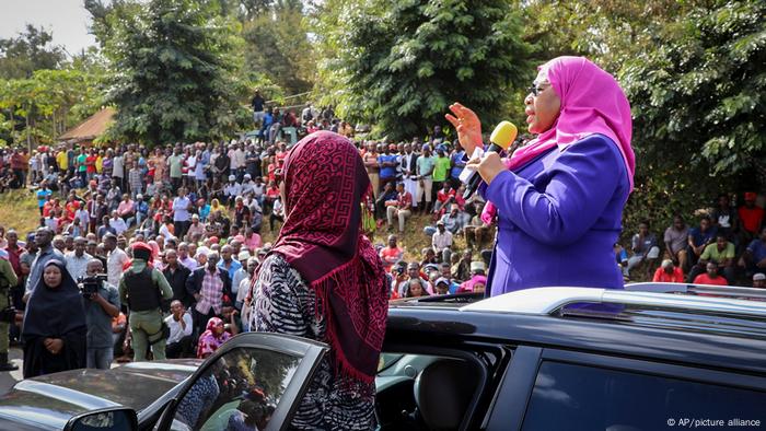 Tanzania's Vice President Samia Suluhu Hassan, right, speaks during a tour of the Tanga region of Tanzania