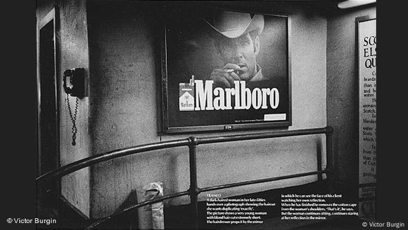 A black and white ad for a cigarette brand, depicting a smoking cowboy  