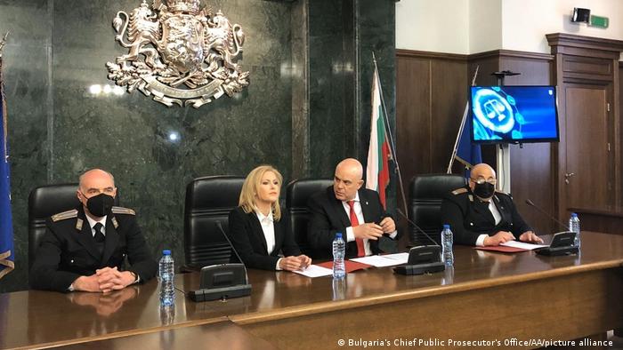 Four Bulgarian prosecutors and officials sitting at a press conference.
