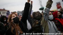 Protesters chat slogans during a rally in Istanbul, Saturday, March 2021, 2021. Turkey's President Recep Tayyip Erdogan's overnight decree annulling Turkey's ratification of the Istanbul Convention is a blow to women's rights advocates, who say the agreement is crucial to combating domestic violence. Turkey was the first country to sign 10 years ago and that bears the name of its largest city. (AP Photo/Emrah Gurel)