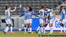 Soccer Football - Bundesliga - Hertha BSC v Bayer Leverkusen - Olympiastadion, Berlin, Germany - March 21, 2021 Hertha BSC players celebrate after Deyovaisio Zeefuik scores their first goal Pool via REUTERS/Soeren Stache DFL regulations prohibit any use of photographs as image sequences and/or quasi-video.