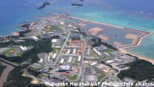An aerial photo shows a landfill work at a coastral area off Henoko, Oura Bay in Nago City, Okinawa Prfecture on May 20, 2020, one and half year after the Okinawa Defense Bureau of the Defense Ministry started a construction work. Henoko has been chosen as the relocation of U.S. Futenma Air Base, nearly 33-hectare section of waters surrounded by seawalls south of U.S. Marine Corps Camp Schwab in the region although more than eighty per cent of the Okinawan opposed to the relocation plan. ( The Yomiuri Shimbun via AP Images )