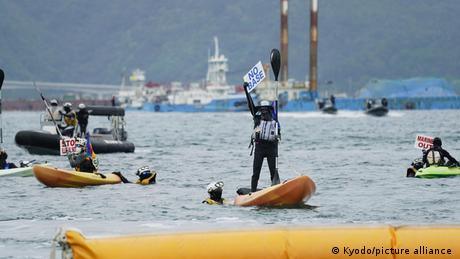 Demonstrators in kayaks protest against land reclamation work for the planned relocation of US Marine Corps Air Station Futenma in Henoko, Okinawa