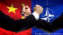 China vs NATO confrontation, countries disagreement, fists on flag background