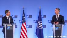 US Secretary of State Antony Blinken and NATO Secretary General Jens Stoltenberg (R) give a press conference prior to a NATO Foreign Ministers' meeting at the Alliance's headquarters in Brussels, on March 23, 2021. (Photo by YVES HERMAN / POOL / AFP)