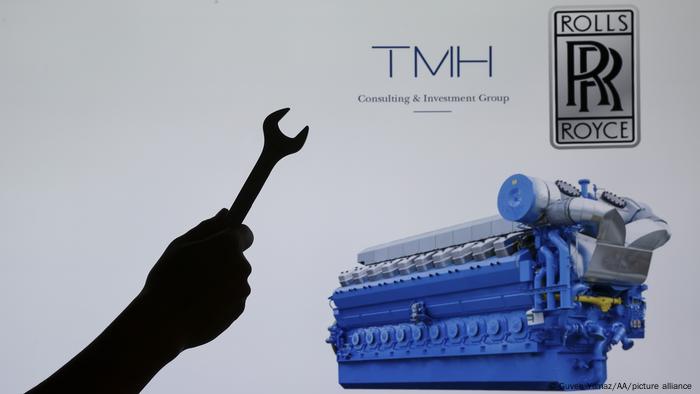 Silhouette of a hand holding wrench, an engine, TMH Company logo, and Rolls Royce Company Logo. 