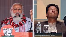 Links:
India's Prime Minister Narendra Modi gestures as he addresses a public meeting ahead of Assam Assembly elections, in Bokakhat on March 21, 2021. (Photo by Biju BORO / AFP)
Rechts: Pakistan's Prime Minister Imran Khan looks on during a Trade and Investments conference in Colombo on February 24, 2021 on the second day of Khan's official visit to Sri Lanka. (Photo by Ishara S. KODIKARA / AFP)
