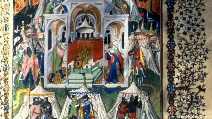 Ein Gemälde, auf dem Moses zu sehen ist, der Männer um die Stiftshütte versammelt.