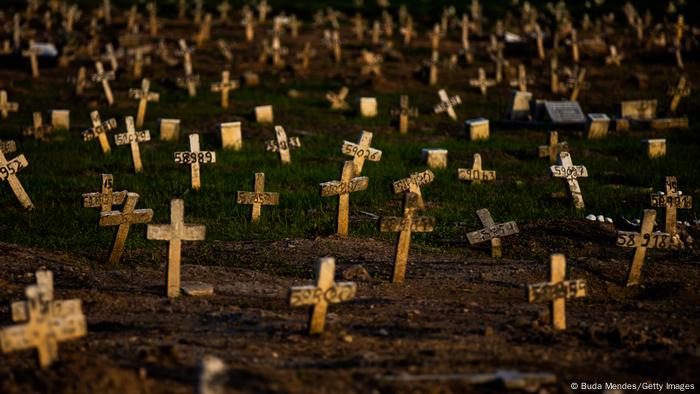 Cruzes em túmulos de mortos por covid-19 em cemitério do Rio de Janeiro