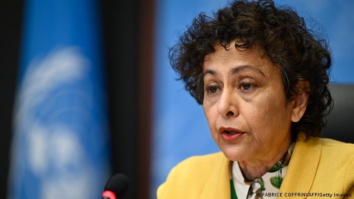 UN human rights expert Irene Khan speaking in Geneva