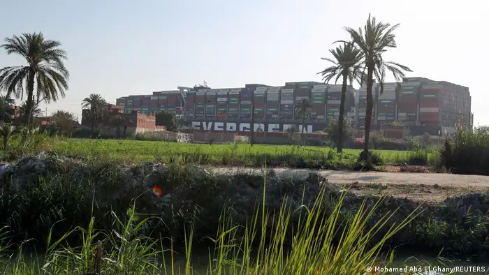 The container ship Ever Given lodged in the Suez Canal