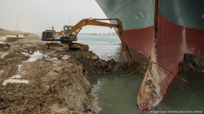 The container ship Ever Given lodged in the Suez Canal