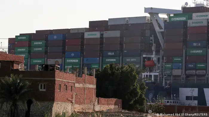 The container ship Ever Given blocking the Suez Canal