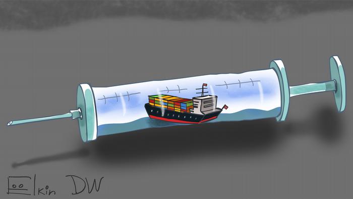 Контейнеровоз устроил затор в шприце с вакциной от ковида - карикатура Сергея Елкина