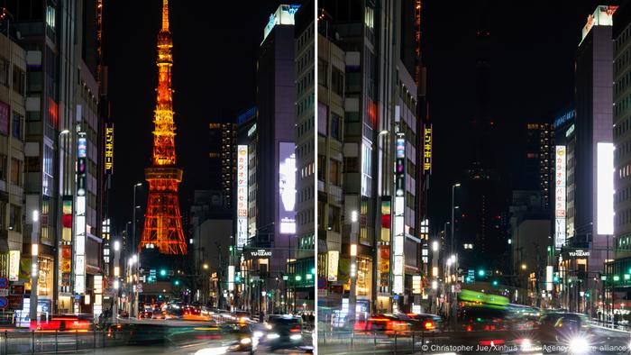 Straßenansicht links mit Tokio Tower, rechts ohne ihn Straßenansicht links mit Tokio Tower, rechts ohne ihn