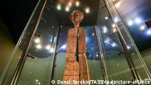 YEKATERINBURG, RUSSIA - MARCH 26, 2021: A view of the Shigir Idol on display at the Sverdlovsk Regional Museum of Local Lore. Discovered on January 24, 1890, at a depth of 4m in the peat bog of Shigir, it is considered the worldís oldest wooden sculpture, its most probable age estimated to be 11,000-11,500 years. Donat Sorokin/TASS