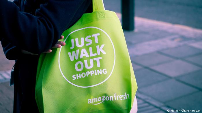 A shopping bag from the Amazon Fresh store in Ealing, London
