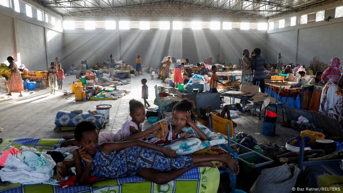 Displaced people are seen at the Shire campus of Aksum University, which was turned into a temporary shelter for people displaced by conflict