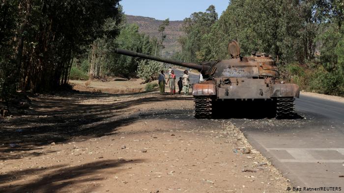 A burned tank stands near the town of Adwa, Tigray region
