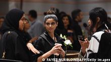 Women attend the opening ceremony of Arab Fashion Week, on April 10, 2018, at Ritz Carlton hotel in Riyadh. (Photo by FAYEZ NURELDINE / AFP) (Photo credit should read FAYEZ NURELDINE/AFP via Getty Images)