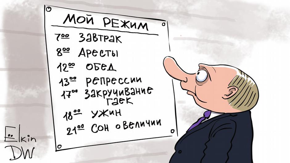 Karikatur von Sergey Elkin I Putin lässt Opposition weiter unter Druck setzen.
