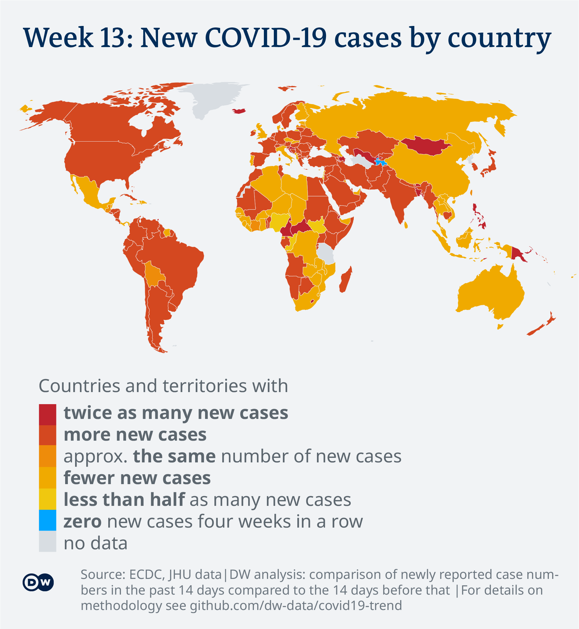 Data visualization: COVID-19 global new case numbers trend - map calendar week 13, 2021