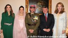 Jordan's King Abdullah II, Queen Rania, Queen Noor, other members of the Royal Family, attend wedding of Prince Hamzah (brother of the King, son of King Hussein and Queen Noor) and Miss Basma Bani Ahmad Al-Atoum, at Basman royal Palace, in Amman, Jordan on January 12, 2012. Prince Hamzah was married from 2004 to 2009 to Spanish born Princess Noor Hamzah. Photo by Balkis Press/ABACAPRESS.COM # 304118_001
