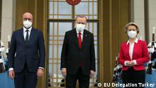 06.04.2021 - EU-Kommissionspräsidentin Ursula von der Leyen und Ratspräsident Charles Michel haben sich in Ankara mit dem türkischen Präsidenten Recep Tayyip Erdogan getroffen.
Foto: EU Delegation Turkey