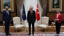 ANKARA, TURKEY - APRIL 06: Turkish President Recep Tayyip Erdogan (C) receives EU Council President Charles Michel (L) and President of EU Commission Ursula Von der Leyen (R) at the Presidential Complex in Ankara, Turkey on April 6, 2021. Murat Kula / Anadolu Agency