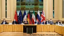 VIENNA, AUSTRIA - APRIL 06: Enrique Mora (2nd L), Deputy Secretary-General of EEAS, Iranian Deputy Foreign Minister Seyyed Abbas Araghchi (4th L) and representatives of the European Union and Iran attend the Iran nuclear resume talks at the Grand Hotel in Vienna, Austria on April 06, 2021. Askin Kiyagan / Anadolu Agency