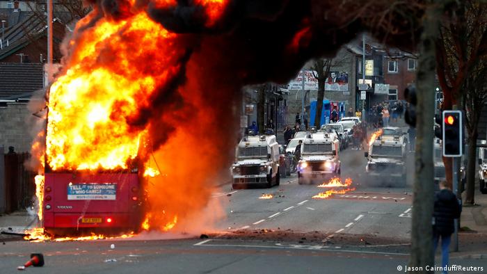 A bus burns in Belfast