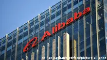 BEIJING, CHINA - DECEMBER 24, 2020 - The Alibaba logo is seen in front of Alibaba's Wangjing office in Chaoyang district, Beijing, China, Dec. 24, 2020. Alibaba's Beijing headquarters is expected to achieve a structural cap in August.