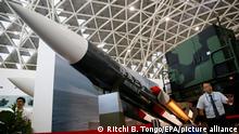 16.09.2016
epa05541830 A model of Taiwan-made Anti-Ship Missile Hsiung Feng III is on display during a Maritime and Defense Industry Exposition in Kaohsiung, Southern Taiwan, 16 September 2016. EPA/RITCHIE B. TONGO ++