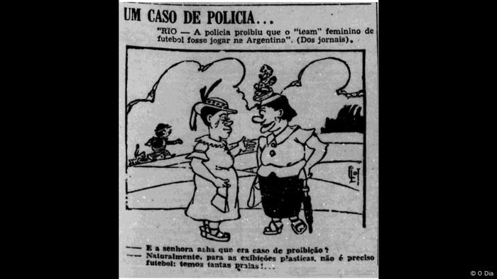 Charge sobre a proibição da polícia carioca à excursão das equipes de futebol feminino ao exterior publicado no jornal O Dia, em janeiro de 1941