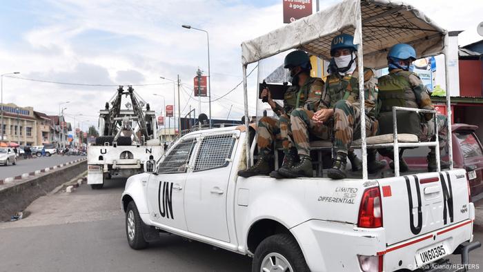 Peacekeepers serving in the United Nations Organization Stabilization Mission in the Democratic Republic of the Congo (MONUSCO) on a pickup truck