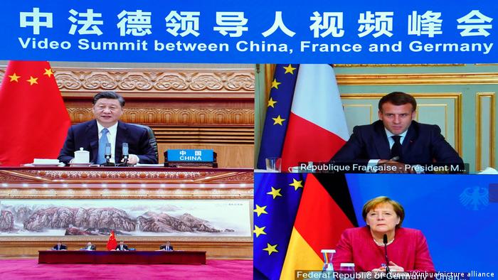 Videokonferenz von Chinas Präsident Xi Jinping, Bundeskanzlerin Angela Merkel und Frankreichs Staatschef Emmanuel Macron 