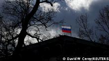 FILE PHOTO: The national flag flutters on top of the Russian embassy in Prague, Czech Republic, February 27,2020. REUTERS/David W Cerny/File Photo