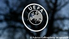 This picture shows the UEFA logo at the organization's headquarters in Nyon on Febraury 28, 2020. (Photo by Fabrice COFFRINI / AFP) (Photo by FABRICE COFFRINI/AFP via Getty Images)