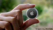 Apple unveils AirTag, in this still image from the keynote video of a special event at Apple Park in Cupertino, California, U.S. released April 20, 2021. Apple Inc./Handout via REUTERS. NO RESALES. NO ARCHIVES. THIS IMAGE HAS BEEN SUPPLIED BY A THIRD PARTY.