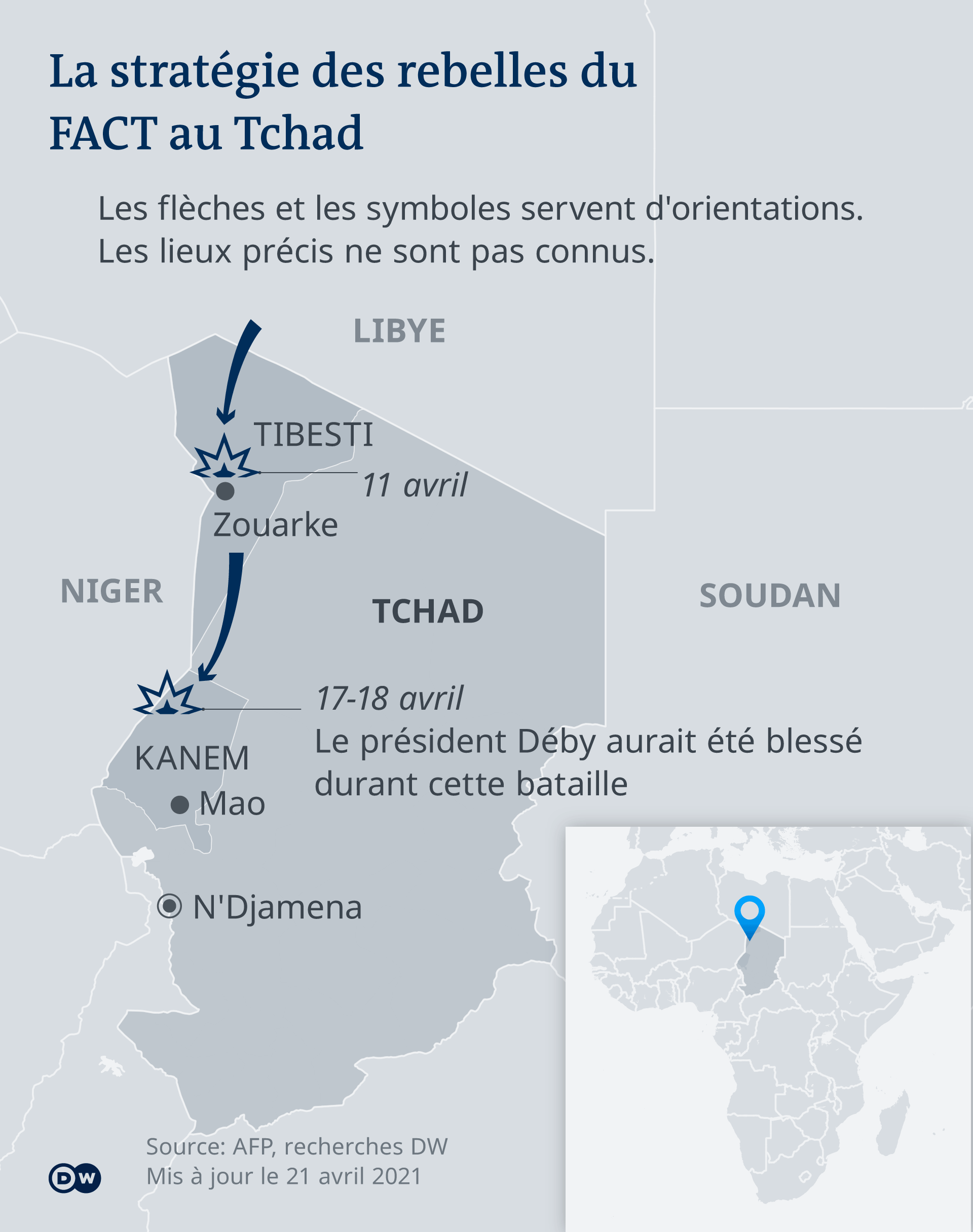 An inforgraphic showing the movement of the rebel group FACT in Chad leading up to President Deby's death