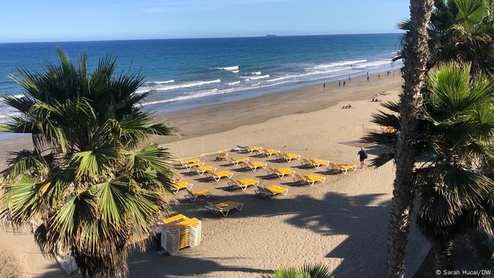 Sillas de playa en blanco en la playa junto a palmeras en Playa del Inks en Gran Canaria