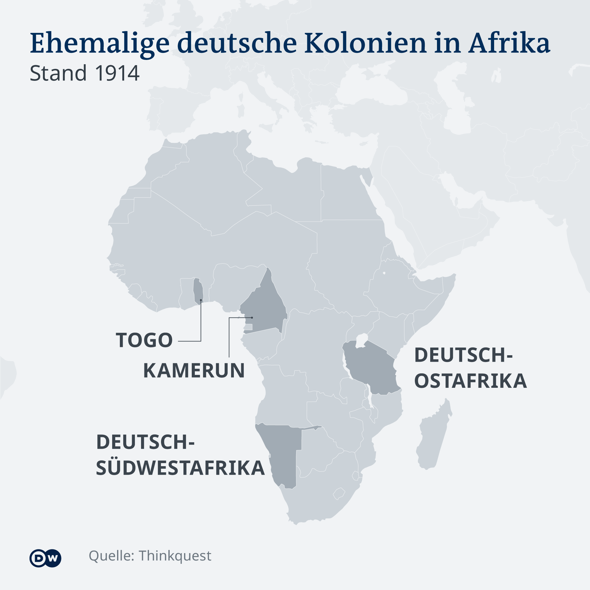 Karte der ehemaligen deutsche Kolonien in Afrika.