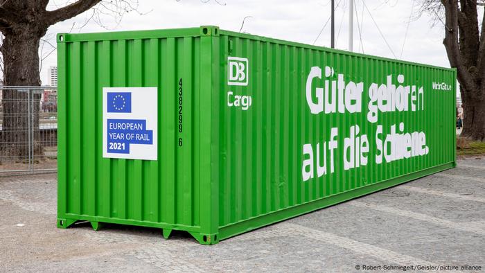 A green container belonging to the German railway in Cologne, Germany