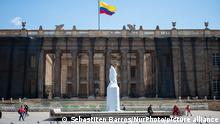 Empty view of Plaza de Bolivar with the statue wrapped in cloths to prevent it from vandalization and the Colombian Congress while the city of Bogota faces a 3 day quarantine, to friday to monday n Bogota, Colombia on April 16, 2021 after the city entered in a red emergency code due to ICU Bed occupations by the novel Coronavirus COVID-19 pandemic. (Photo by Sebastian Barros/NurPhoto)