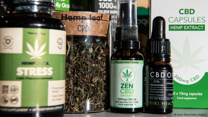 A range of CBD-based products on a shelf. 