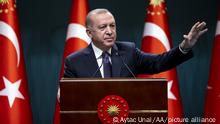 ANKARA, TURKEY - APRIL 26: Turkish President Recep Tayyip Erdogan makes a statement during a press conference following the cabinet meeting at the Presidential Complex in Ankara, Turkey on April 26, 2021. Aytac Unal / Anadolu Agency