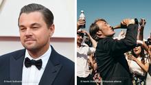 Two photos: Leonardo Di Caprio, left; film still showing Mads Mikkelsen from Another Round, right