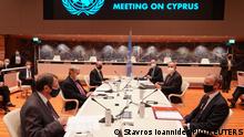 28.04.2021
United Nations Secretary-General Antonio Guterres, Cypriot President and Greek Cypriot leader Nicos Anastasiades, Turkish Cypriot leader Ersin Tatar, British Foreign Secretary Dominic Raab,Turkish Foreign Minister Mevlut Cavusoglu and Greece's Foreign Minister Nikos Dendias talk during a meeting at the United Nations European headquarters in Geneva, Switzerland April 28, 2021.Stavros Ioannides/PIO/Handout via REUTERS ATTENTION EDITORS THIS IMAGE HAS BEEN SUPPLIED BY A THIRD PARTY